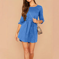 Solid-color Lace-up Womens Crew-neck Three-quarter-sleeve Dress