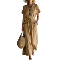 Short-sleeve V-neck Casual Cotton-linen Dress With A Belt