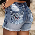 Women's Denim Shorts Embroidery Design Washed Frayed Hem