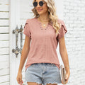 V-neck Buttons Hollow Loose Short Sleeve T-shirt Top Ladies