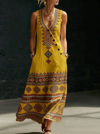 Womens Loose V-Neck Slant-Button Dress