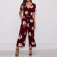 V-neck belted short sleeve jumpsuit