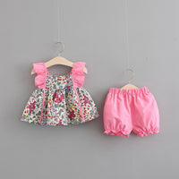 New Girls' Summer Printed Flounced Sleeve Suit Vest Shorts Two-piece Set