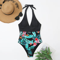 Multicolor Printing Deep V Big Chest Halter Backless One Piece Swimsuit
