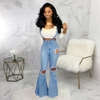 High waist denim flared pants with straps