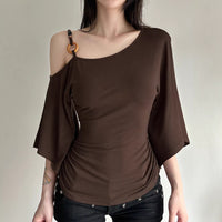 Retro Striped Off-Shoulder Flare-Sleeve T-Shirt