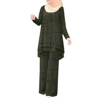 Womens Double-Layer Vertical Stripe Four-Way Stretch Printed Chiffon Set With Elastic Waistband