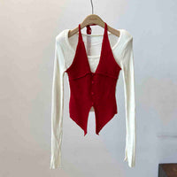 Halter False Two-piece Patchwork Long Sleeve Knitwear T-shirt Top