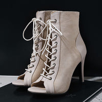 Hollow Thin Heel High Lace Up Short Boots