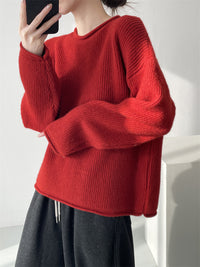 Solid-color Ribbed Irregular Knit Pullover Sweater