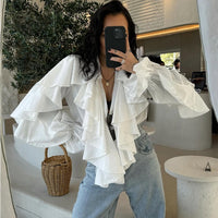 Fashionable Loose V-Neck Ruffle Long-Sleeve Shirt For Women
