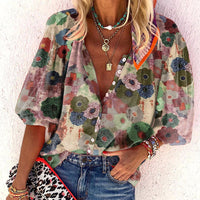 Women's V-neck Long Sleeve Stand Collar Printed Sweet Blouse