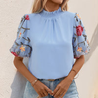 Embroidered Mesh Stitching Short-sleeved Shirt