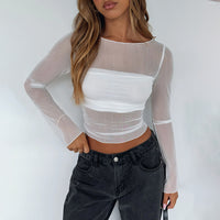 Summer Fashion Mesh Base Long Sleeve Sheer Top