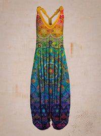 Abstract Printed Loose Plus Size Casual Suspender Jumpsuit