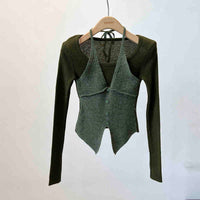 Halter False Two-piece Patchwork Long Sleeve Knitwear T-shirt Top