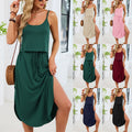 Spring Summer New Solid-Color U-Neck Camisole Drawstring Slit Dress