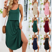 Spring Summer New Solid-Color U-Neck Camisole Drawstring Slit Dress