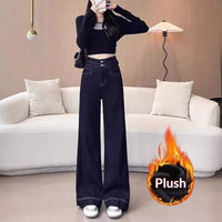 Loose High-waisted Flared Deep Blue Fleece-lined Wide-leg Jeans