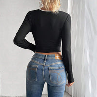 Women's Fashion Simple Style Versatile T-shirt AutumnWinter EuropeanAmerican Slim Fit Short Sexy Color Block Top