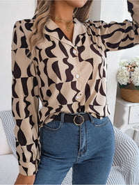 Women's Office Elegant Color Block Stripe Notched Lapel Long Sleeve Shirt