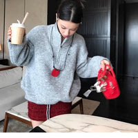 Women's Retro Lazy Style Contrast Color Letter Drawstring Pullover Sweater