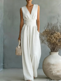 Womens Elegant Sleeveless Waist-Cinching V-Neck Sophisticated Jumpsuit