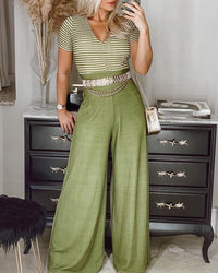 Short Sleeved Striped Tight Wide Leg Jumpsuit