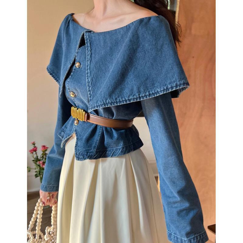 Lapel Long Sleeve Denim Waist-controlled Top Mid-length Skirt