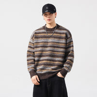 Male Loose Fit Retro Knitwear Crew-neck Striped Sweater