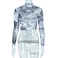 Sheer Mesh Round Neck Long Sleeve Slim-fit Top