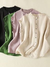 Womens Ruffle-Trimmed Cotton-Linen Sleeveless Shirt