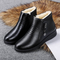 Female Fleece-lined Flat Bottom Middle-aged Cotton-padded Leather Shoes