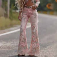 Womens Retro Printed Faux Denim Jeans