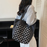 Versatile Casual Washed Denim Tote Bag With A Plaid Pattern And A Large Capacity
