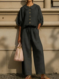 Fashionable Collar Shirt And Wide-Leg Pants Linen Two-Piece Set