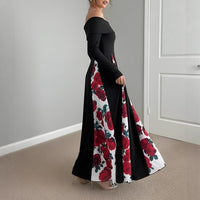 Off-shoulder Contrast-color Patchwork Long-sleeve Elegant Figure-flattering Dress