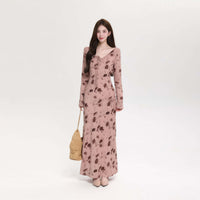 Retro Floral Long Sleeve Waist Cinching Dress