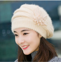 Women's Korean Style Flower Rabbit Fur Hat Thickened Warm Knitted