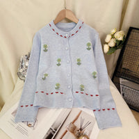 Women's Patchwork Flower Knitted Cardigan Round Neck Casual Sweater