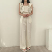 French Retro Square Collar Ruffled Flying Sleeves Elastic And Waisted High Waist Wide Leg Jumpsuit For Women