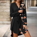 Fashionable V-Neck Floral Print Long-Sleeve Lace-Up Dress