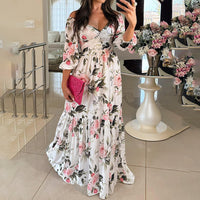 Elegant And Fashionable Womens Printed 34-sleeve V-neck Dress