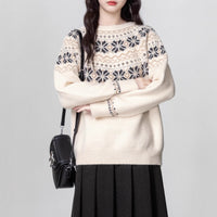 Women's Vintage Fair Island Woven Thickened Crew Neck Pullover Sweater