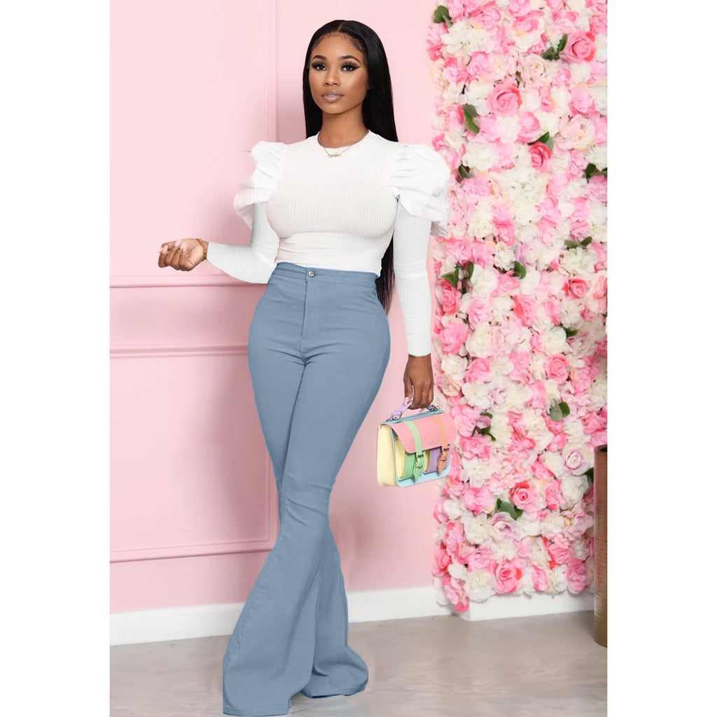 Solid Color Woven Bell-bottom Pants Suit