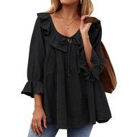 Round Neck Tied Front Dart Multi-layer Loose Waist Shirt