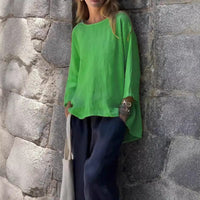 Women's Loose Linen Cotton Round Neck Long Sleeve Shirt