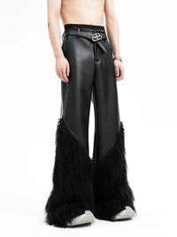 Black Fur Stitching Leather Pants Winter Environmental Protection