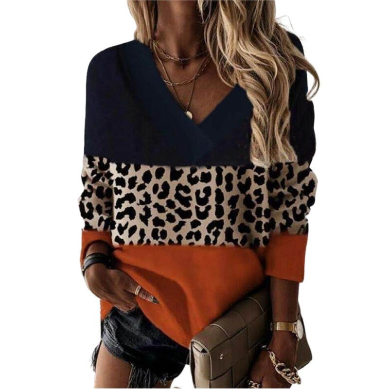 V-neck Leopard Print Splicing Long Sleeve Sweatshirt Tops