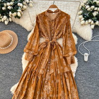 Retro Print Lapel Collar Lace Up Ruffle Hem Dress For Women